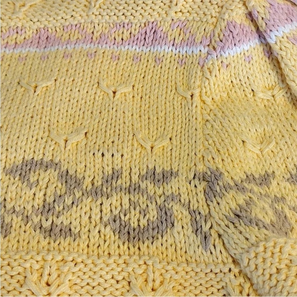 VTG 70s Yellow Pink Floral Cable Knit Vneck Sweater Large *Fits like Small - Picture 10 of 16